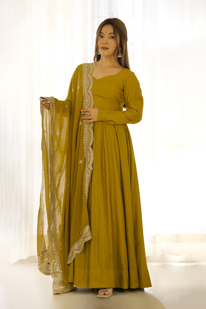 Bright Mehndi Chanderi Solid Pattern Anarkali Set