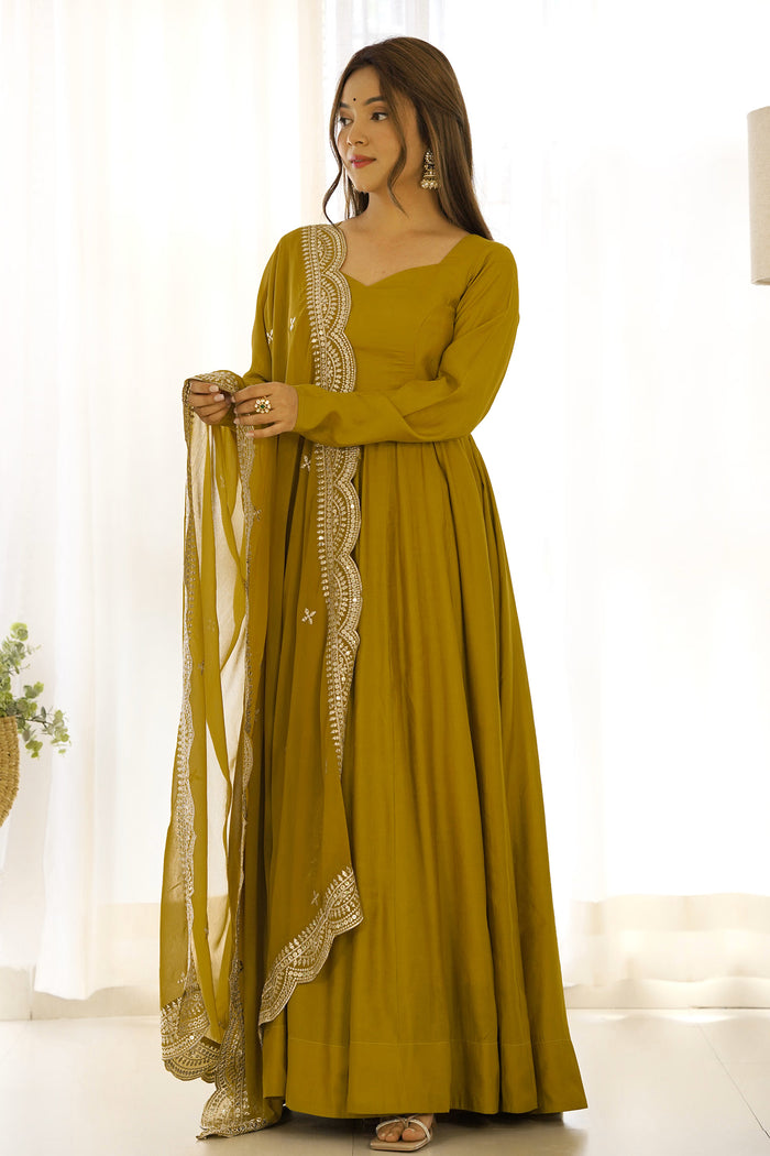 Bright Mehndi Chanderi Solid Pattern Anarkali Set