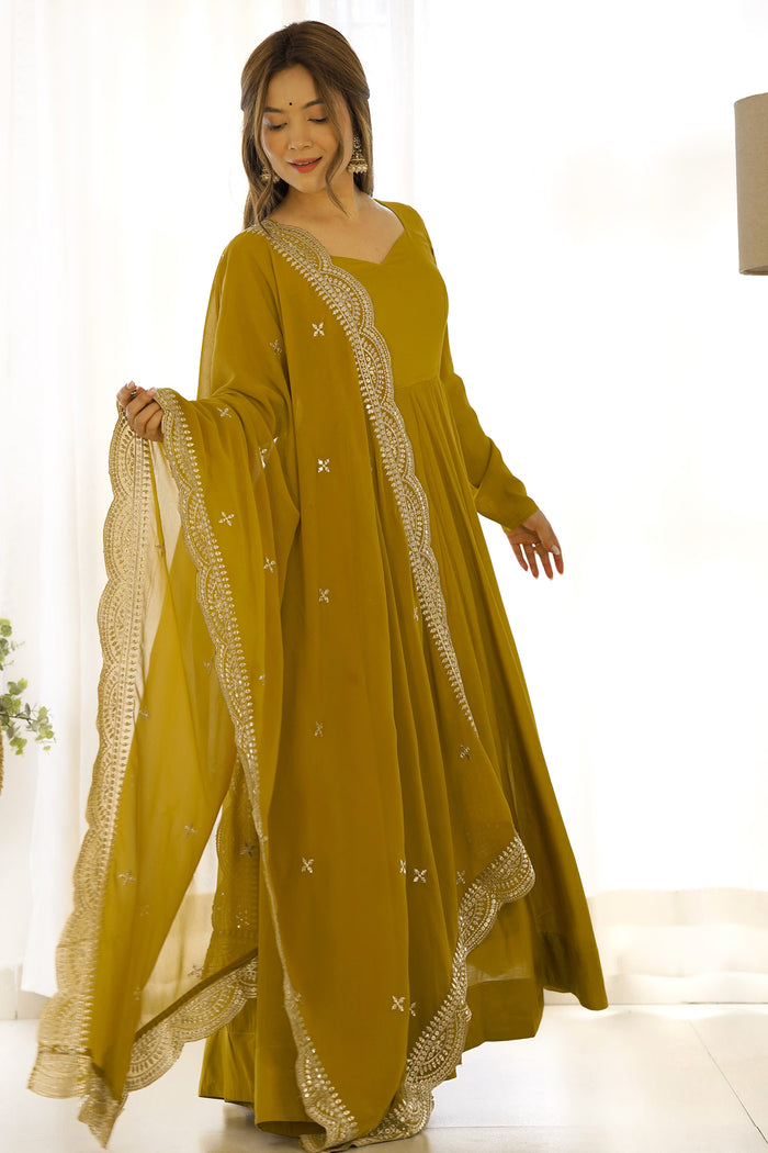Bright Mehndi Chanderi Solid Pattern Anarkali Set