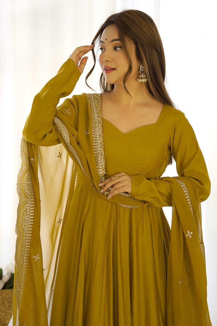 Bright Mehndi Chanderi Solid Pattern Anarkali Set