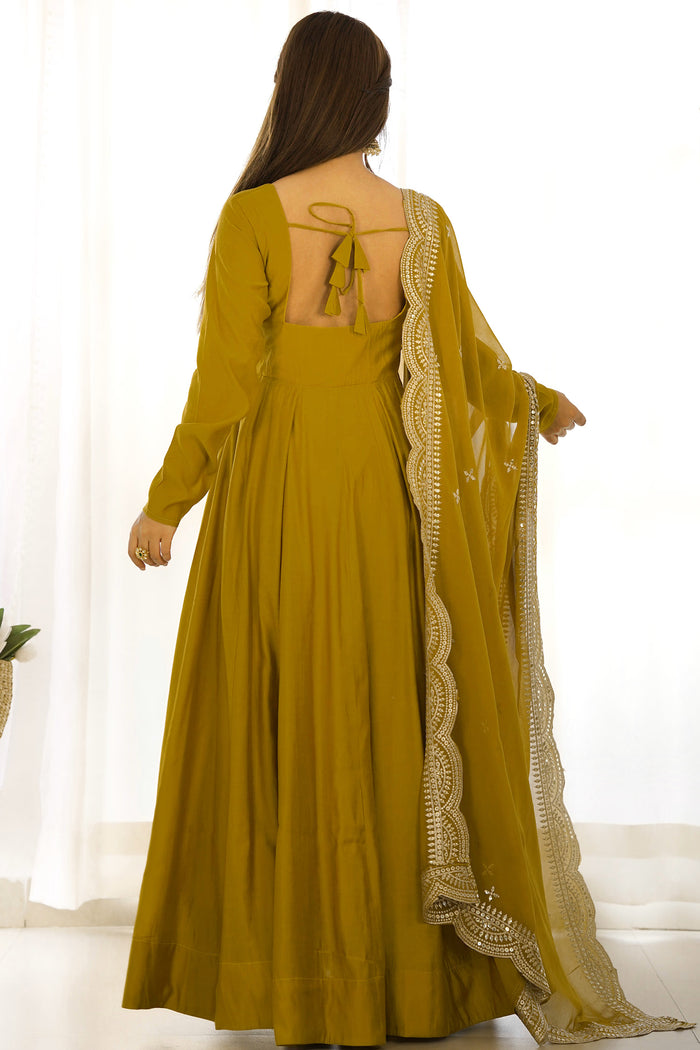 Bright Mehndi Chanderi Solid Pattern Anarkali Set