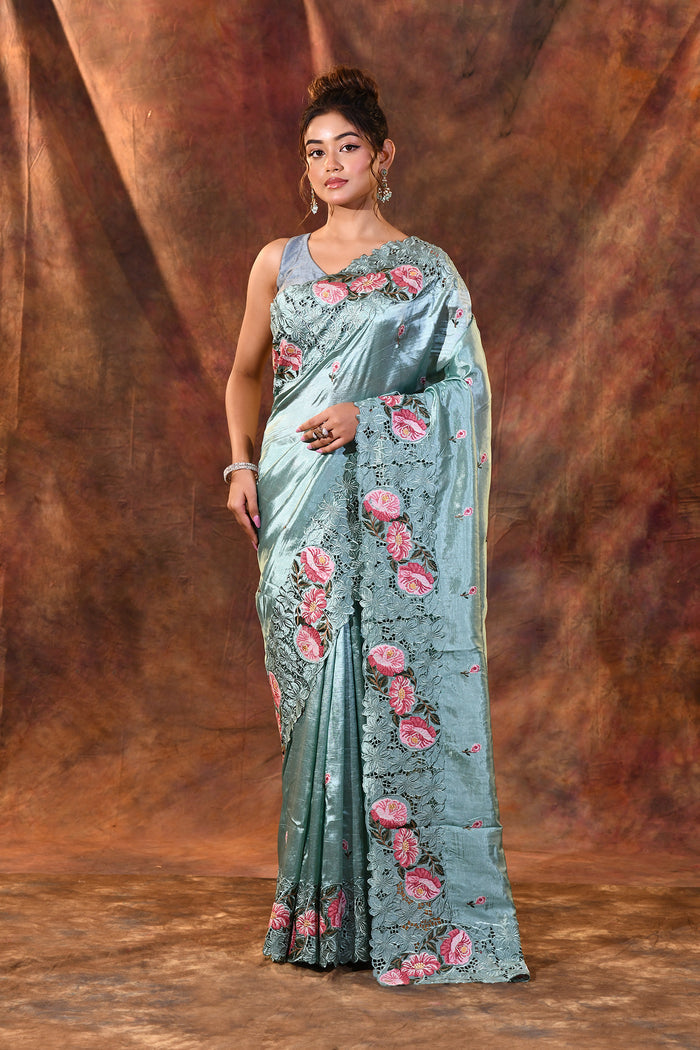 Bright Mint Green Floral Silk Saree