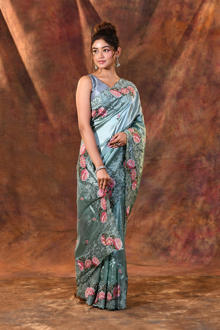 Bright Mint Green Floral Silk Saree