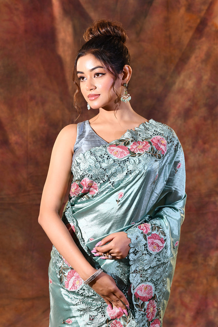 Bright Mint Green Floral Silk Saree