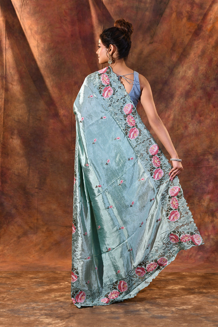 Bright Mint Green Floral Silk Saree