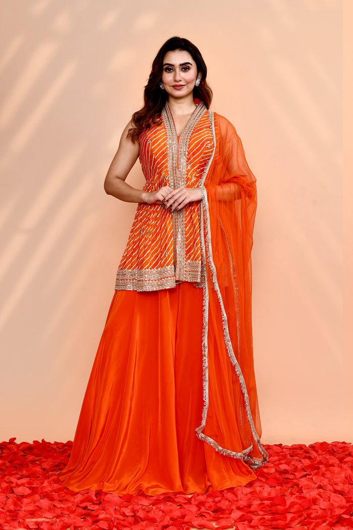 Bright Orange Crepe Silk Leheriya Sharara Set