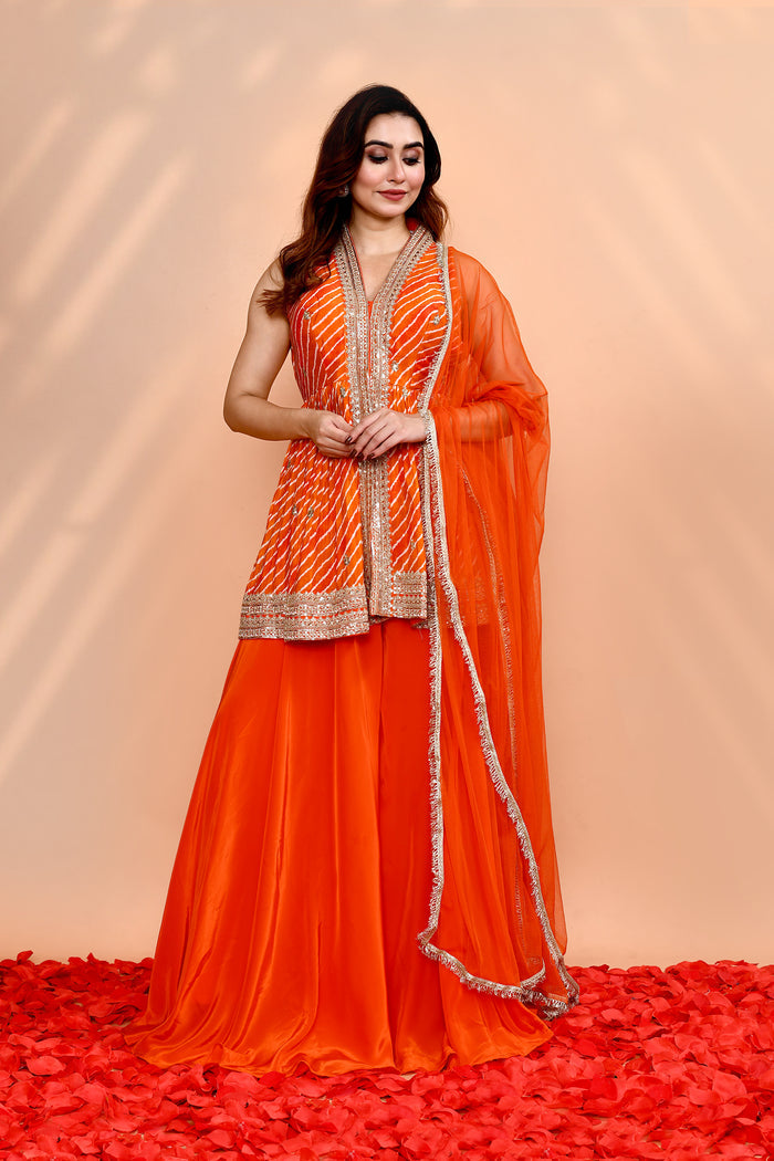 Bright Orange Crepe Silk Leheriya Sharara Set