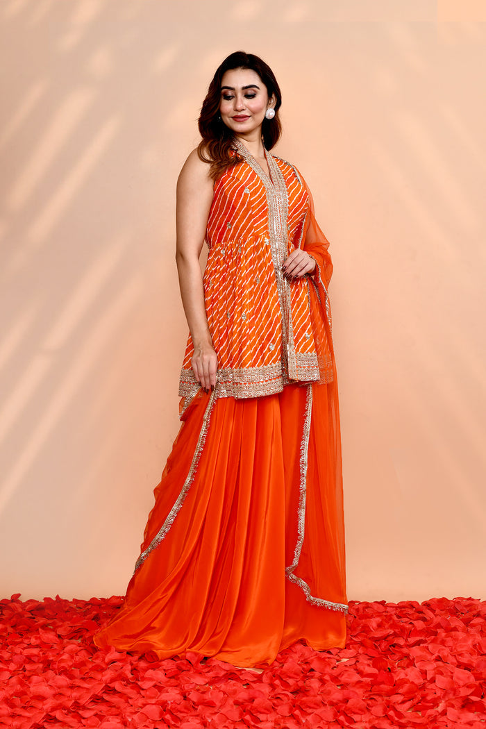 Bright Orange Crepe Silk Leheriya Sharara Set
