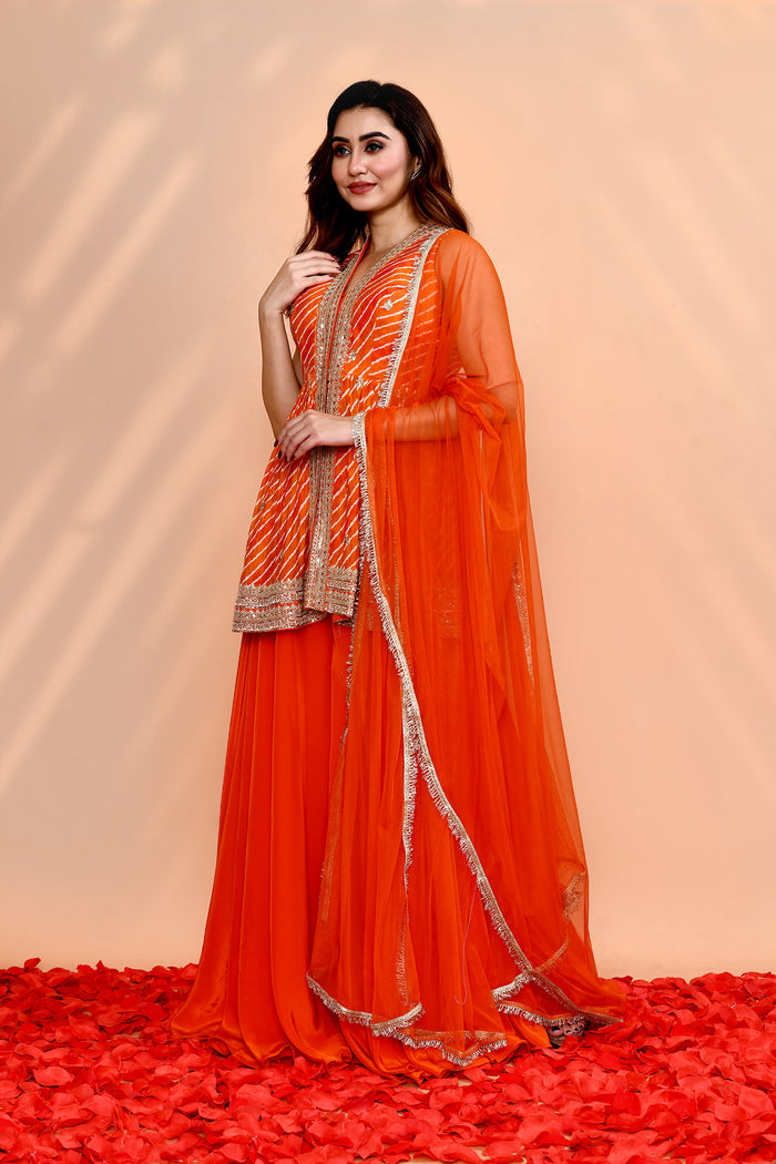 Bright Orange Crepe Silk Leheriya Sharara Set
