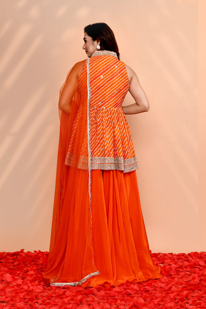 Bright Orange Crepe Silk Leheriya Sharara Set