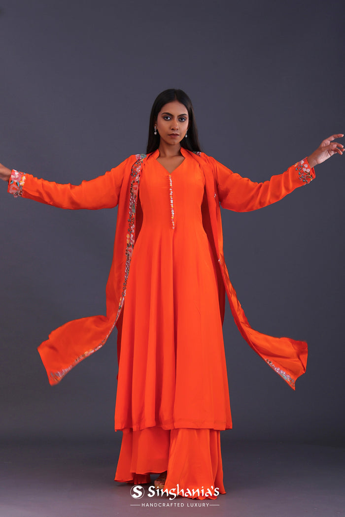 Bright Orange Crepe Silk Solid Kurti Set