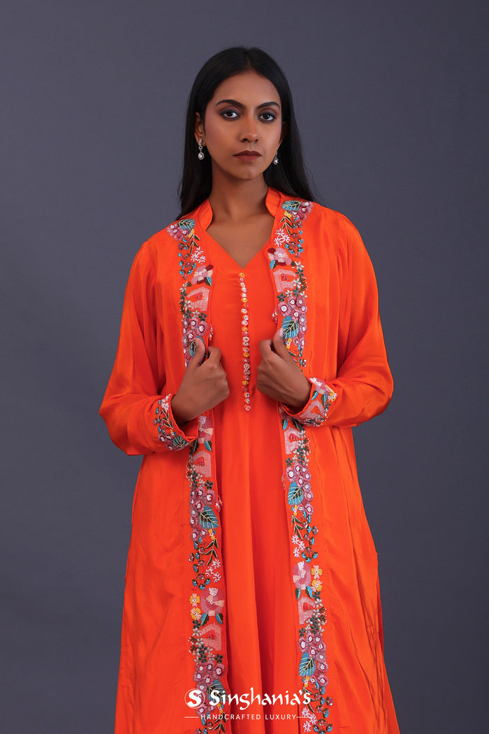 Bright Orange Crepe Silk Solid Kurti Set