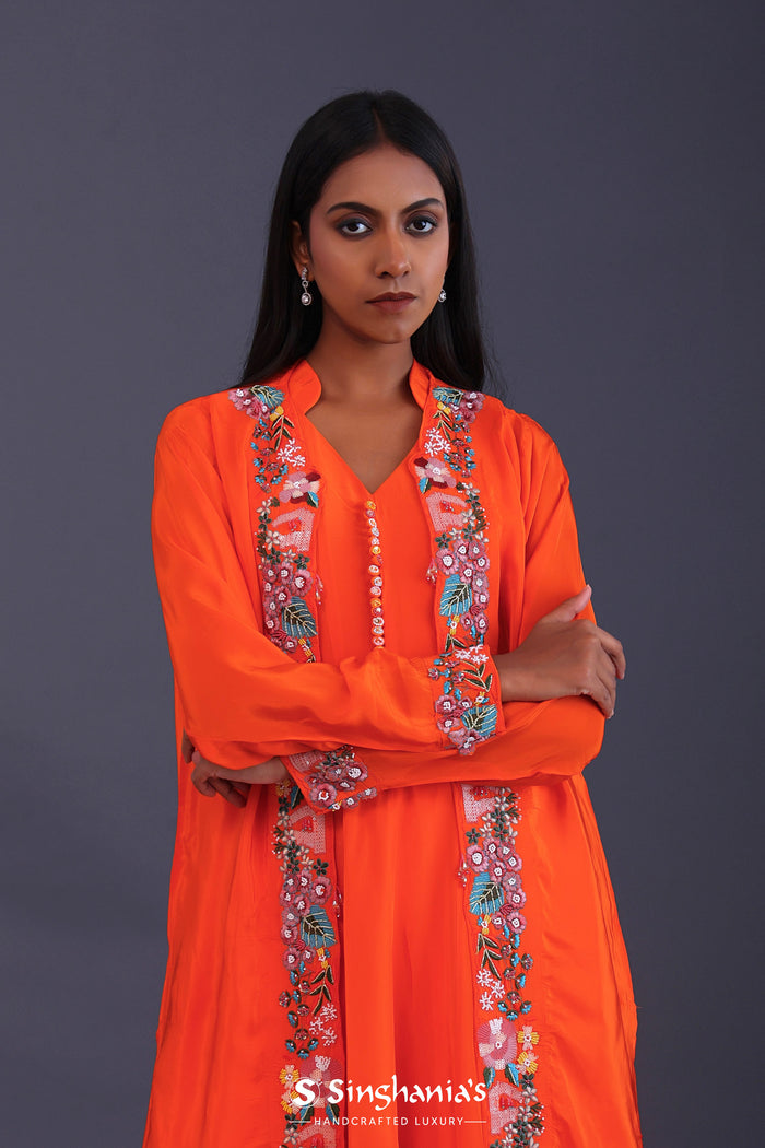 Bright Orange Crepe Silk Solid Kurti Set