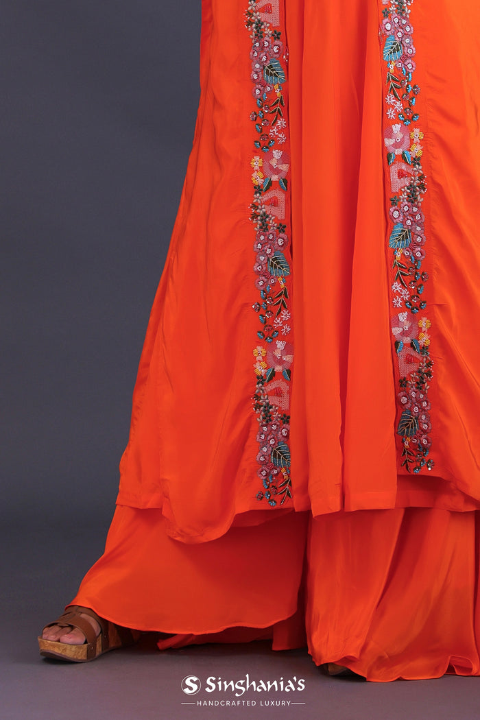 Bright Orange Crepe Silk Solid Kurti Set