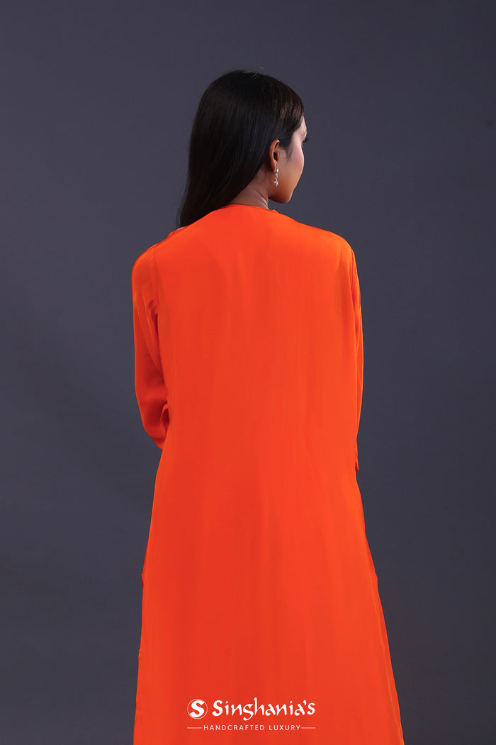 Bright Orange Crepe Silk Solid Kurti Set