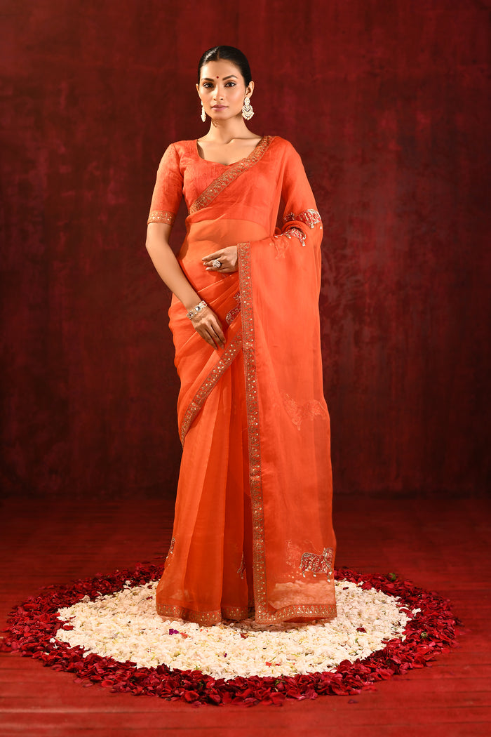Bright Orange Embroidered Gomatha Organza Saree