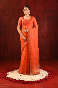 Bright Orange Embroidered Gomatha Organza Saree
