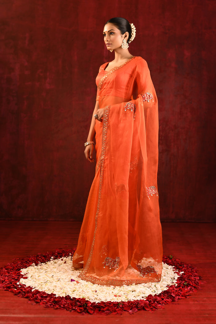 Bright Orange Embroidered Gomatha Organza Saree