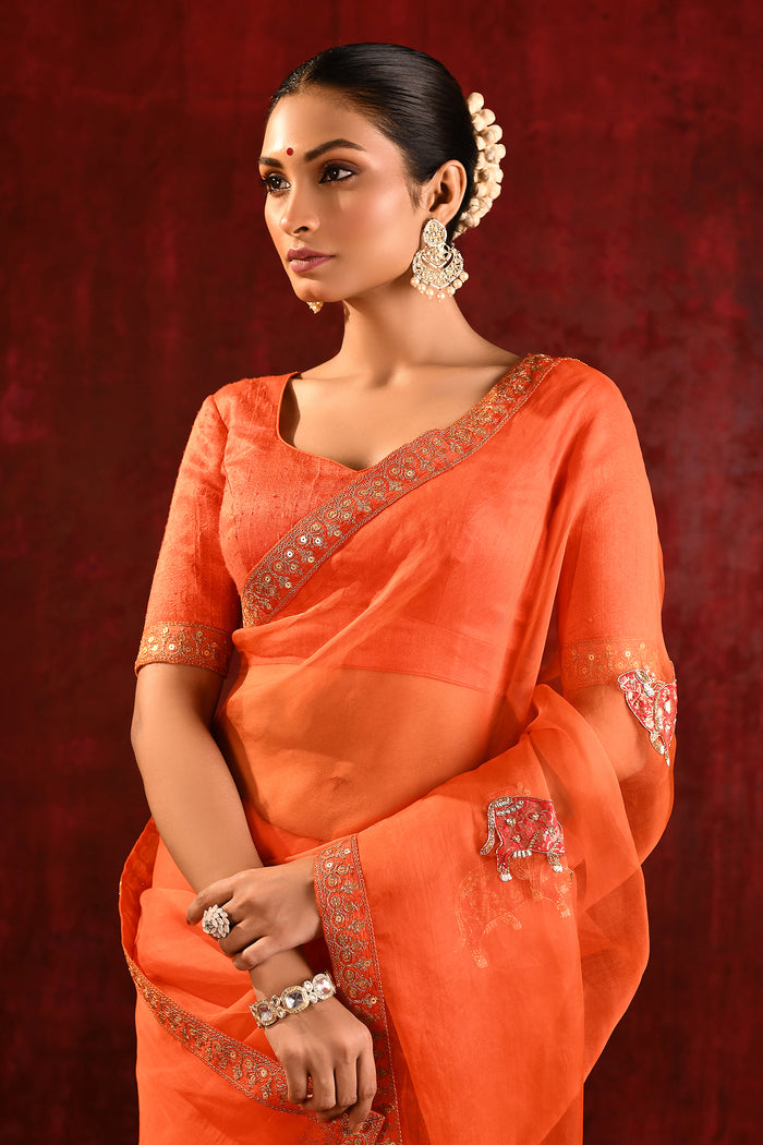 Bright Orange Embroidered Gomatha Organza Saree