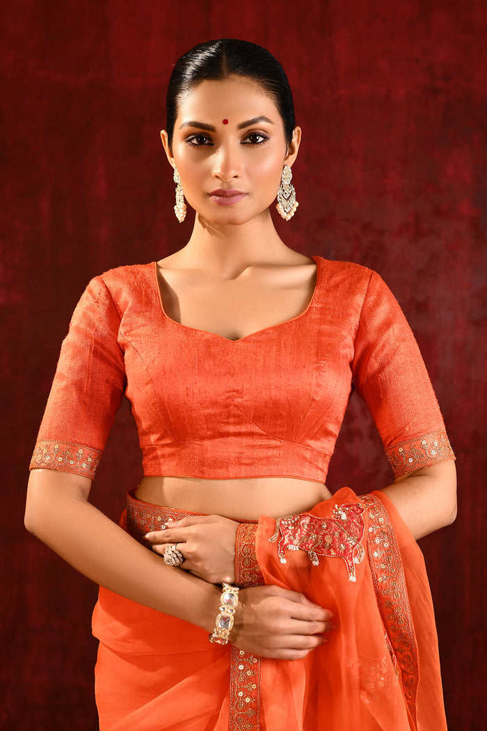 Bright Orange Embroidered Gomatha Organza Saree