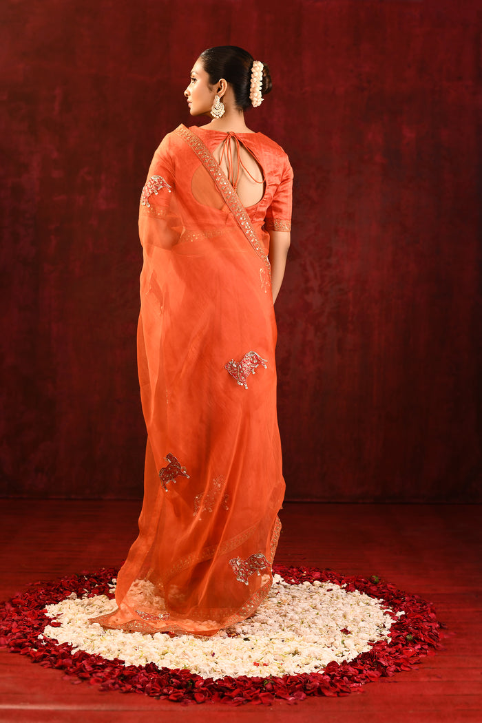 Bright Orange Embroidered Gomatha Organza Saree