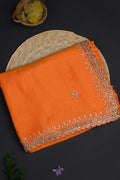 Bright Orange Floral Embroidered Silk Saree