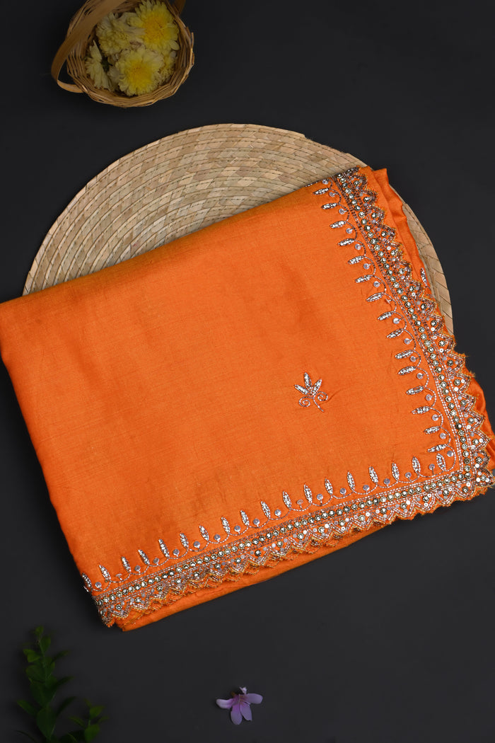 Bright Orange Floral Embroidered Silk Saree