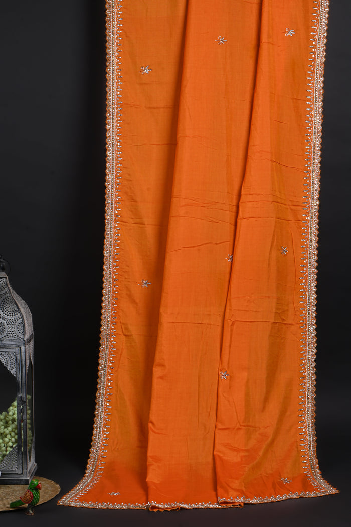 Bright Orange Floral Embroidered Silk Saree