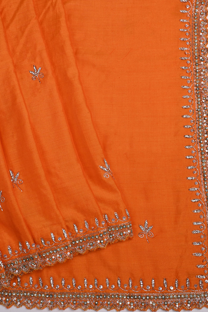 Bright Orange Floral Embroidered Silk Saree