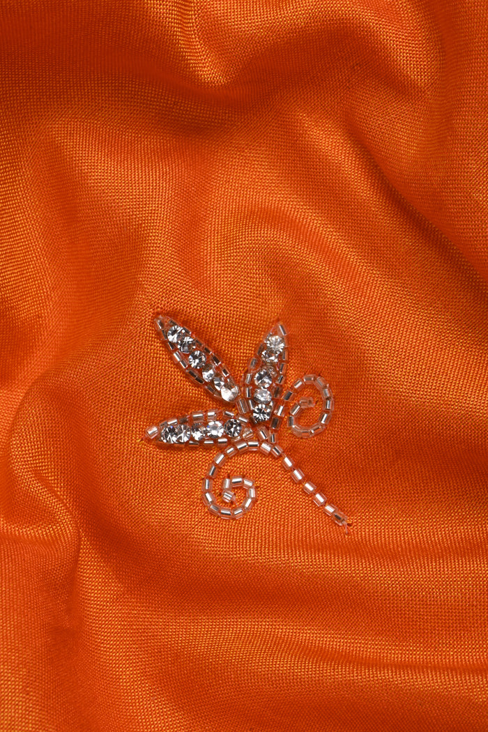 Bright Orange Floral Embroidered Silk Saree
