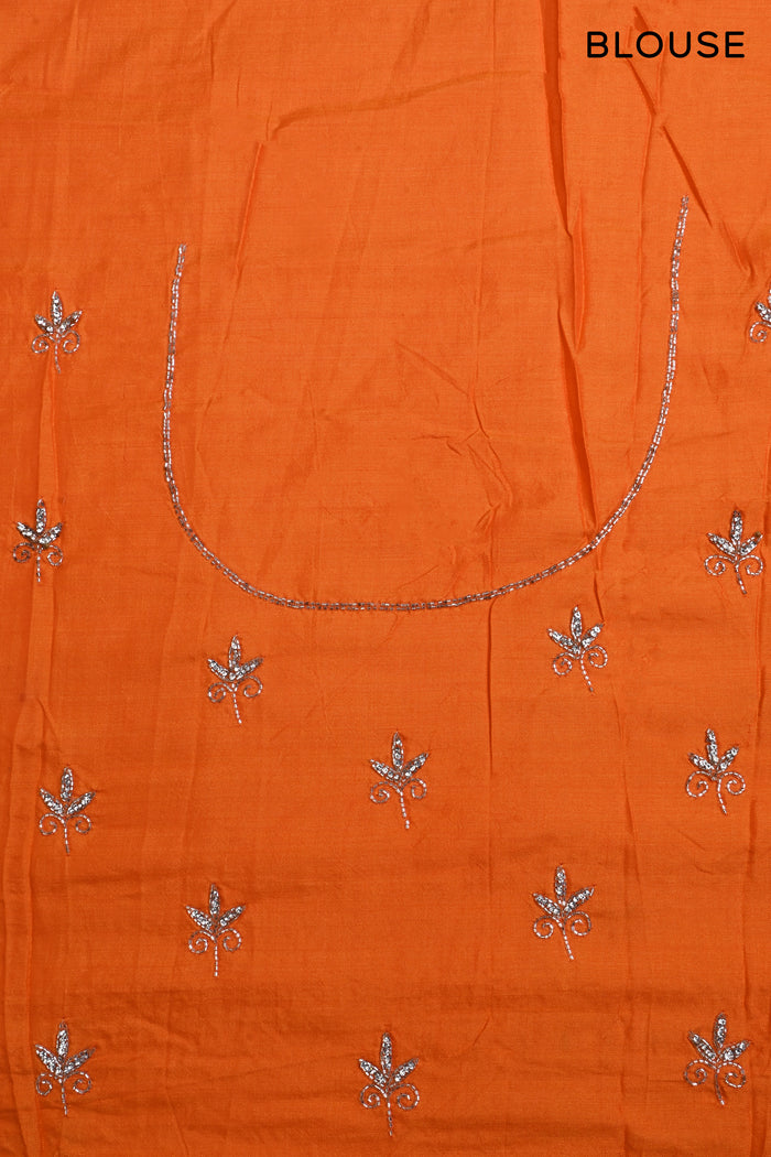 Bright Orange Floral Embroidered Silk Saree