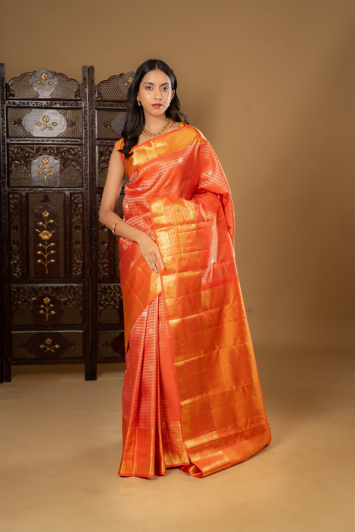 Bright Orange Kanjivaram Silk Saree