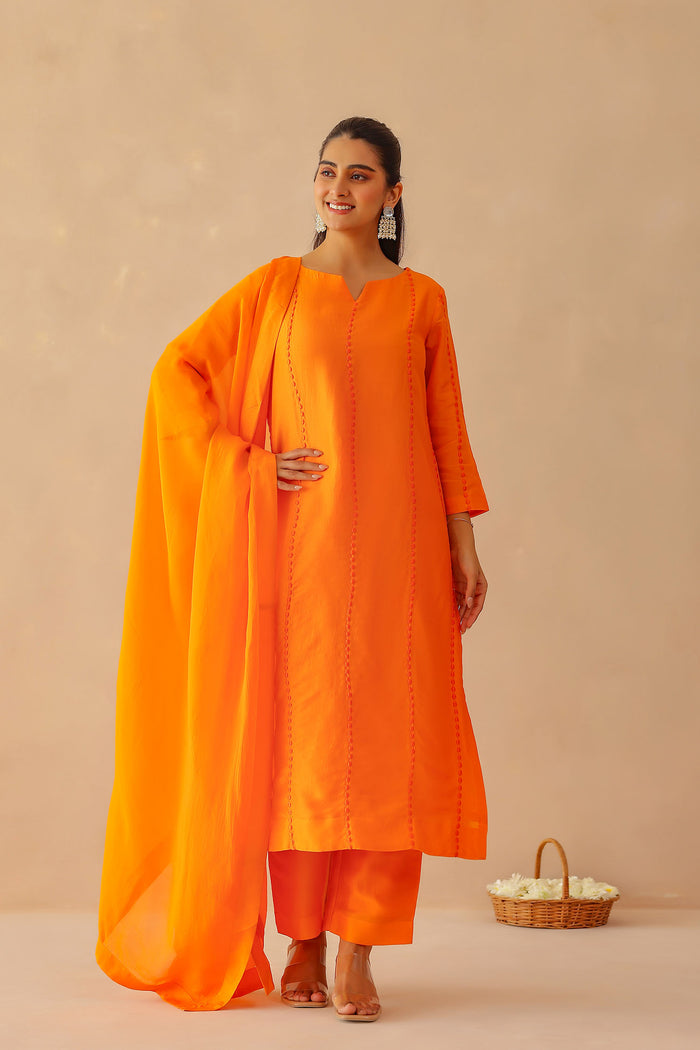 <img> Bright Orange Russian Silk Solid Kurti Set