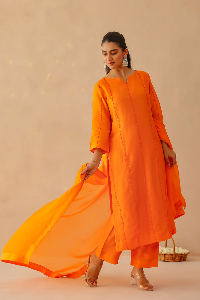 <img> Bright Orange Russian Silk Solid Kurti Set