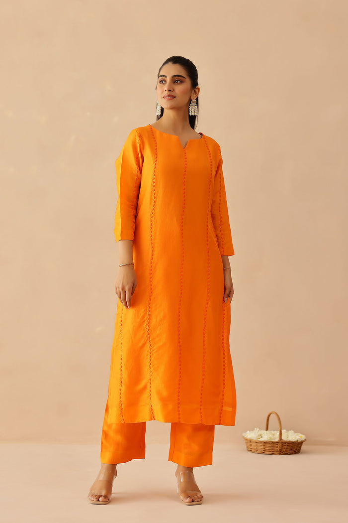 <img> Bright Orange Russian Silk Solid Kurti Se