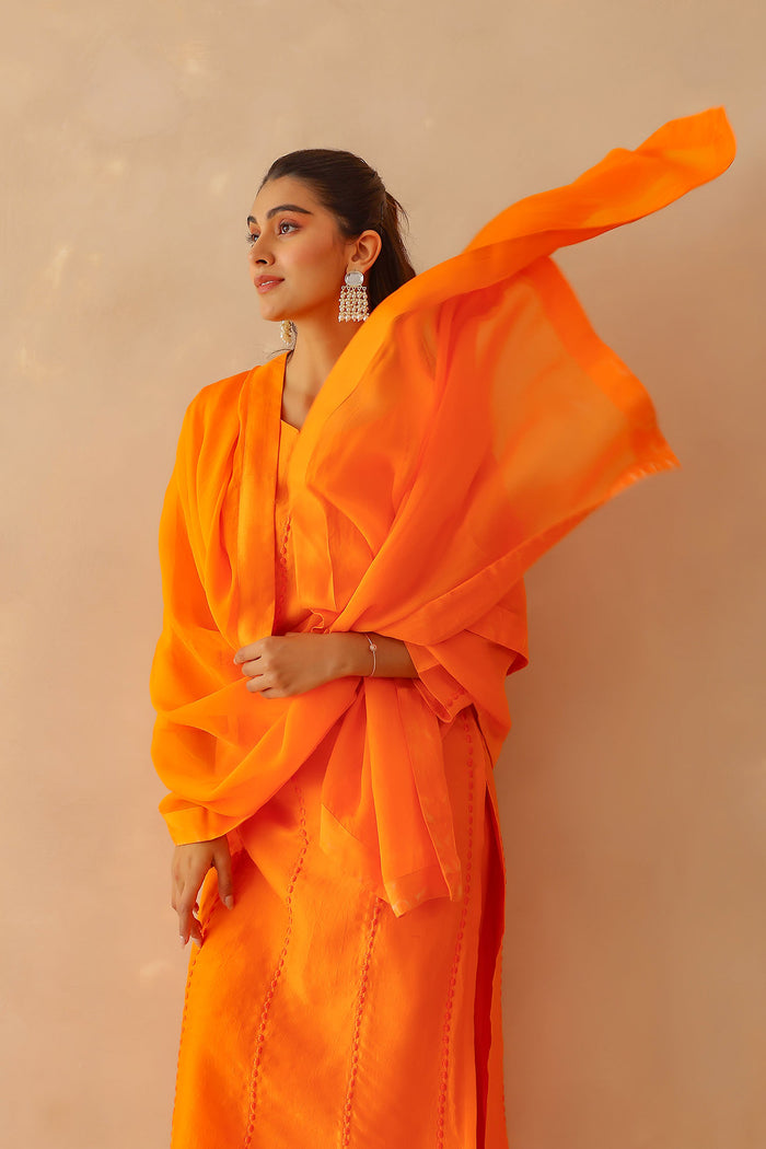 <img> Bright Orange Russian Silk Solid Kurti Set