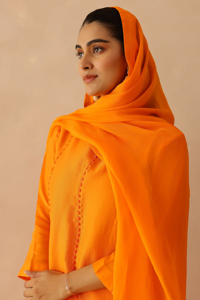 <img> Bright Orange Russian Silk Solid Kurti Set