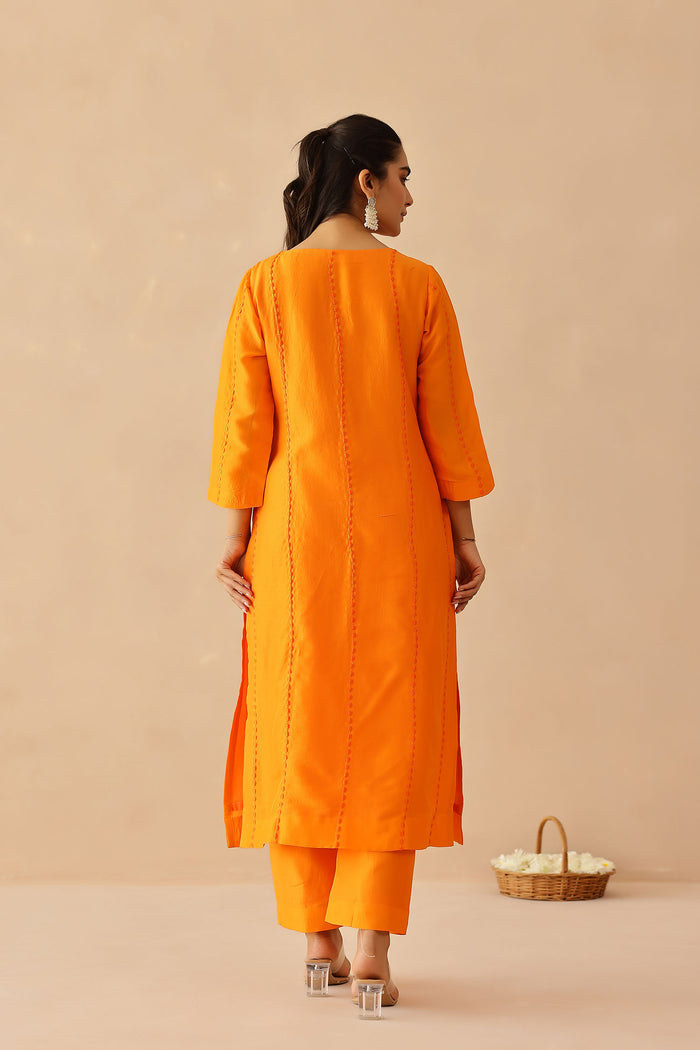 <img> Bright Orange Russian Silk Solid Kurti Set