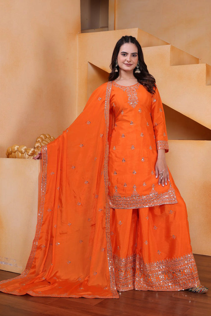 Bright Orange Silk Embroidered Sharara Set