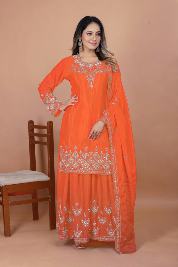 Bright Orange Silk Embroidered Sharara Set