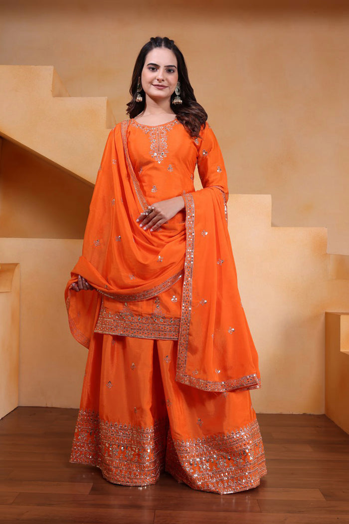 Bright Orange Silk Embroidered Sharara Set