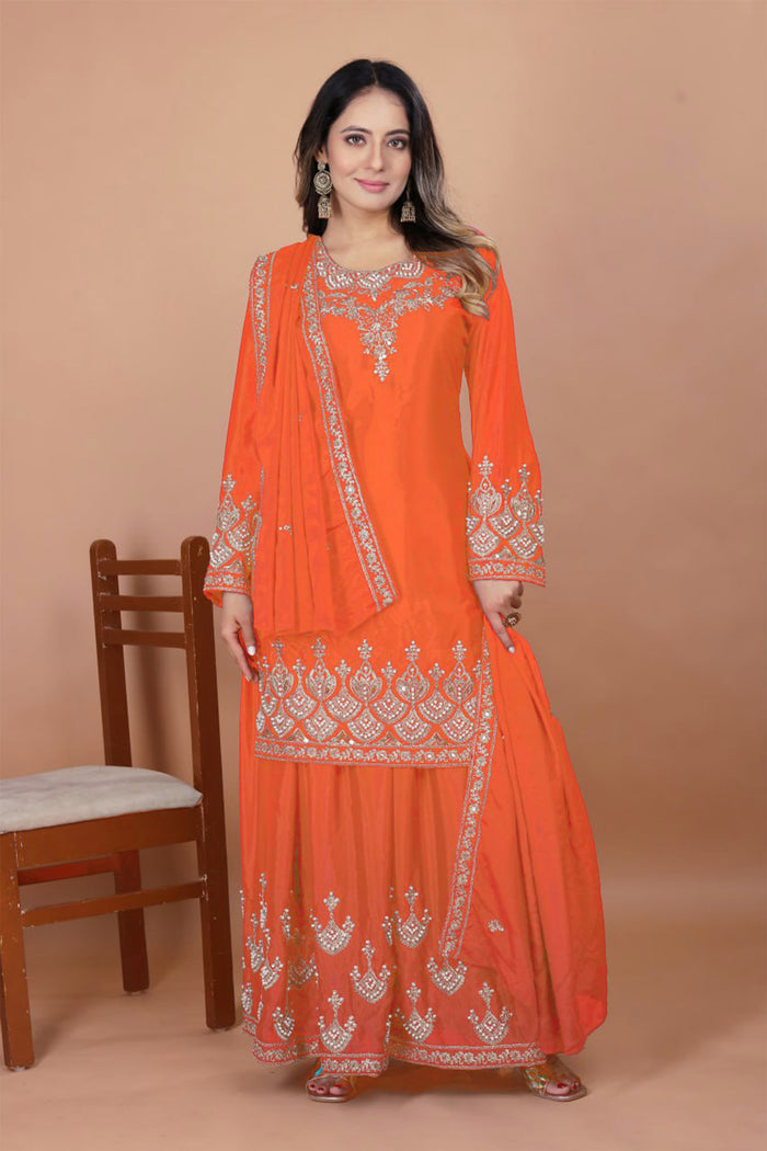 Bright Orange Silk Embroidered Sharara Set