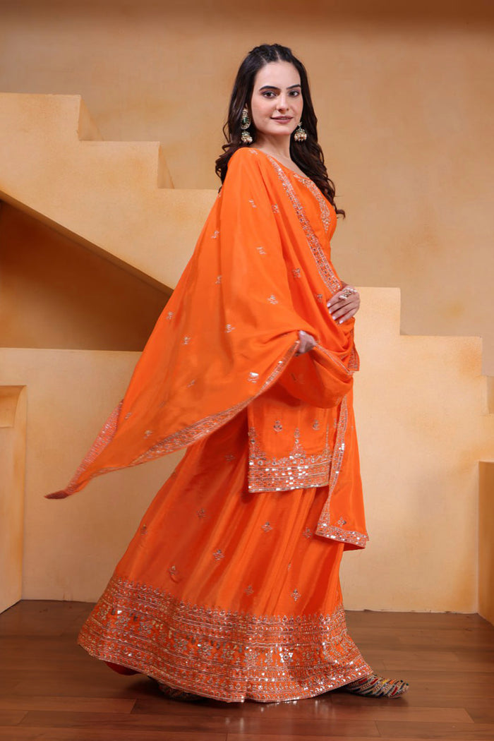 Bright Orange Silk Embroidered Sharara Set