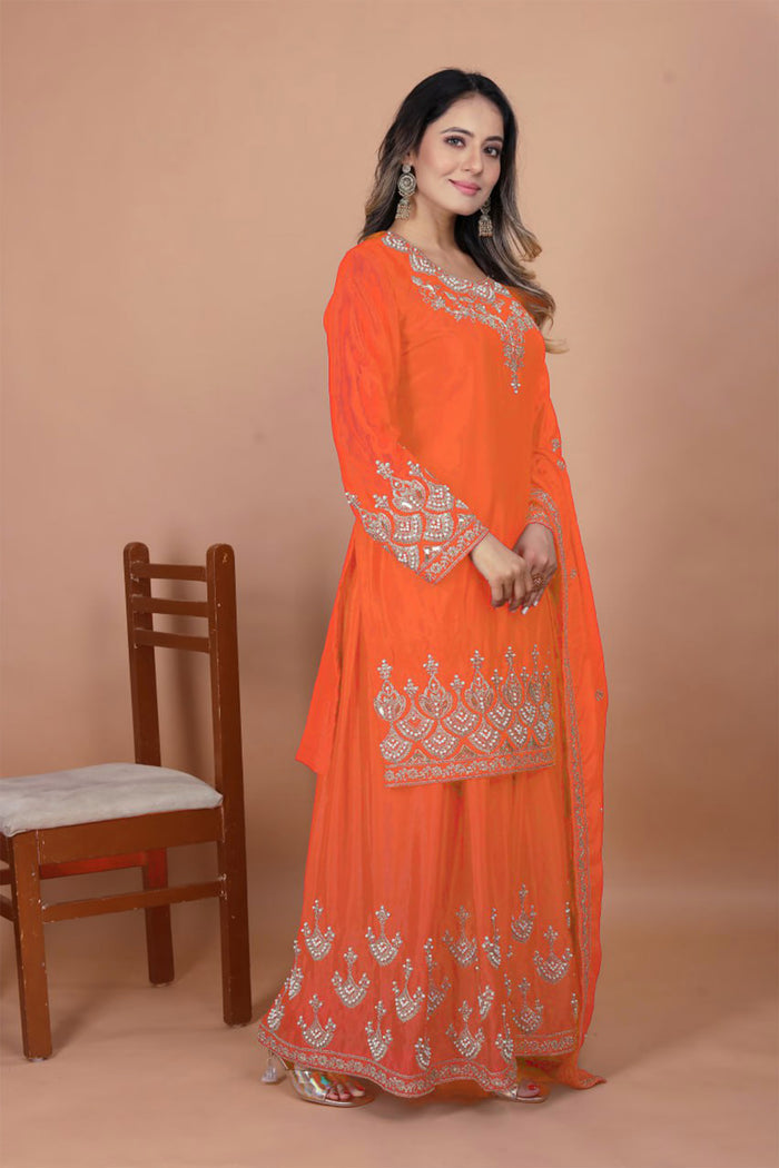 Bright Orange Silk Embroidered Sharara Set