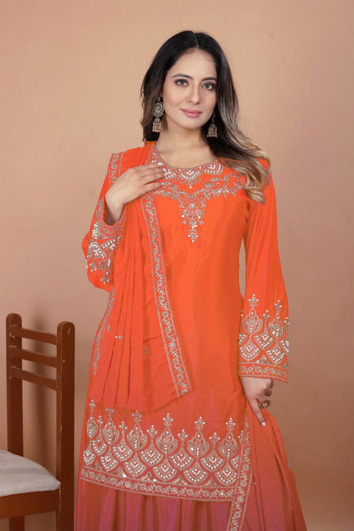 Bright Orange Silk Embroidered Sharara Set