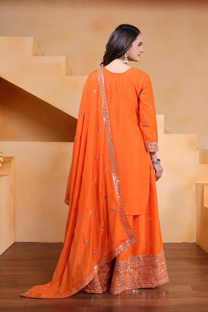 Bright Orange Silk Embroidered Sharara Set