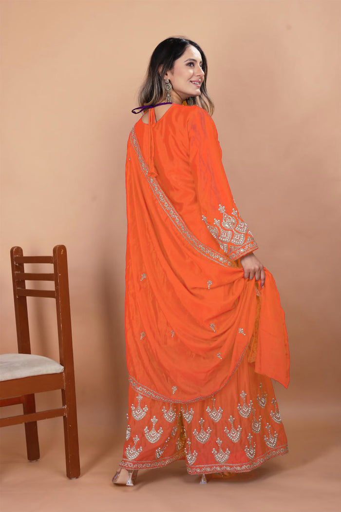 Bright Orange Silk Embroidered Sharara Set