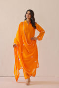 <img> Bright Orange Russian Silk Solid Kurti Set