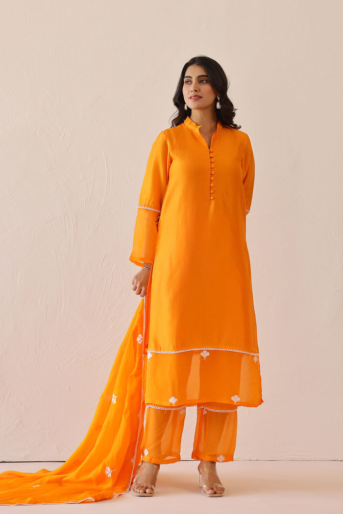 <img> Bright Orange Russian Silk Solid Kurti Set