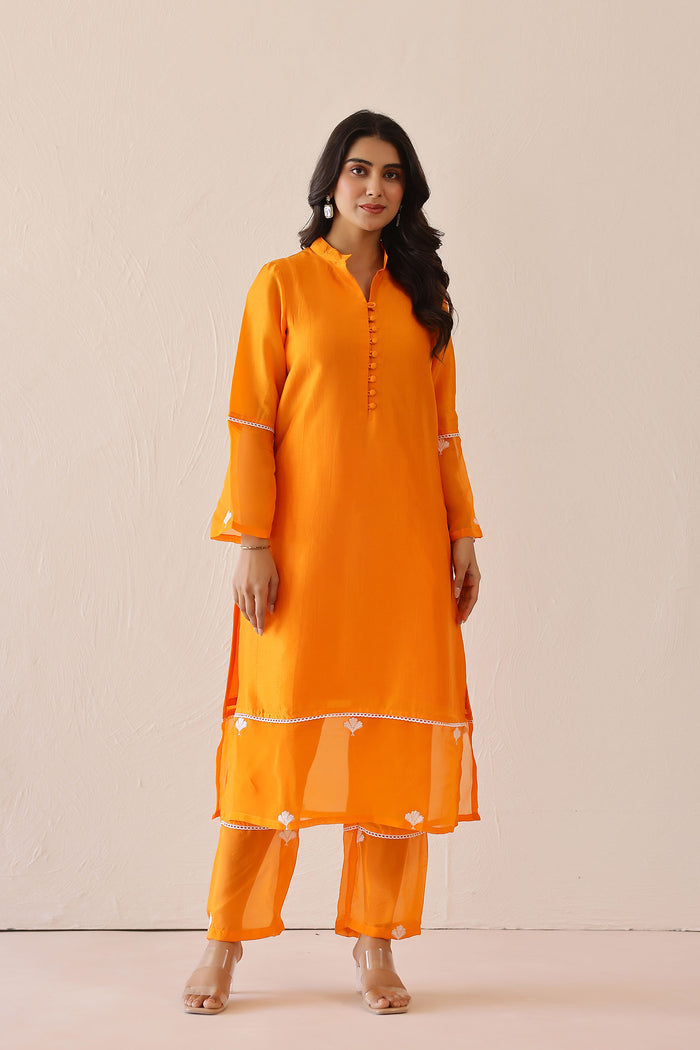<img> Bright Orange Russian Silk Solid Kurti Set